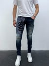 Erkek Slim Fit Bandana Desenli Yırtık Detaylı Likralı Denim Jean Pantolon Koyu Mavi