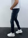 Erkek Slim Fit Bandana Desenli Yırtık Detaylı Likralı Denim Jean Pantolon Koyu Mavi