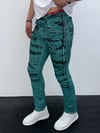 Erkek Yeşil Batik Efektli Slim Fit Likralı Jean Pantolon