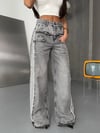 Gri Yıkamalı Yüksek Bel Wide Leg Jean Pantolon Kadın Yan Şerit Detaylı Bol Paça Denim