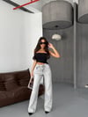 Gri Yıkamalı Yüksek Bel Wide Leg Jean Pantolon Kadın Bol Paça Denim