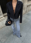 Gri Yırtık Detaylı Yüksek Bel Paça Yırtmaçlı Wide Leg Jean
