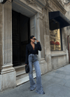 Gri Yırtık Detaylı Yüksek Bel Paça Yırtmaçlı Wide Leg Jean