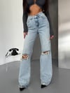 HerTon Kadın Asimetrik Bel Wide Leg Jean - %100 Pamuklu Dizden Yırtık Pantolon