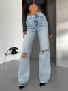 HerTon Kadın Asimetrik Bel Wide Leg Jean - %100 Pamuklu Dizden Yırtık Pantolon