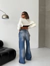 HerTon Kadın Çift Renk Yan Şeritli Wide Leg Jean - %100 Pamuk Vintage Yıkama Bol Paça Pantolon
