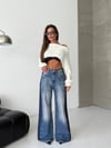 HerTon Kadın Çift Renk Yan Şeritli Wide Leg Jean - %100 Pamuk Vintage Yıkama Bol Paça Pantolon