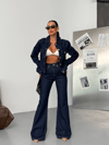 HerTon Kadın Denim Takım – Yüksek Bel İspanyol Paça Pantolon & Crop Jean Ceket %98 Pamuk