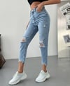 HerTon Kadın  Dizleri Yırtık %100 Pamuk Jean Pantolon - Paçası Kesik Mom Fit Denim
