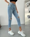 HerTon Kadın  Dizleri Yırtık %100 Pamuk Jean Pantolon - Paçası Kesik Mom Fit Denim