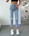 HerTon Kadın  Dizleri Yırtık %100 Pamuk Jean Pantolon - Paçası Kesik Mom Fit Denim