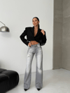 HerTon Kadın Gri Yüksek Bel Wide Leg Jean Pantolon %100 Pamuk