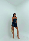 HerTon Kadın Koyu Yıkama Kot Elbise - Straplez, Kemerli, Pileli Mini Denim Elbise
