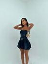 HerTon Kadın Koyu Yıkama Kot Elbise - Straplez, Kemerli, Pileli Mini Denim Elbise