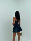 HerTon Kadın Koyu Yıkama Kot Elbise - Straplez, Kemerli, Pileli Mini Denim Elbise