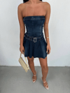 HerTon Kadın Koyu Yıkama Kot Elbise - Straplez, Kemerli, Pileli Mini Denim Elbise