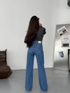 HerTon Kadın Mavi %98 Pamuk Geniş Paça Jean Pantolon - Düşük Esnemeli Comfort Wide Leg Denim