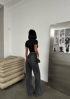 HerTon Kadın Yüksek Bel Asimetrik Çapraz Kemer Wide Leg Jean – Füme %98 Pamuk Bol Paça Pantolon