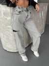 HerTon Kadın Yüksek Bel Gri Yıkamalı Wide Leg Jean Pantolon %100 Pamuk Yırtık Detaylı Oversize Baggy