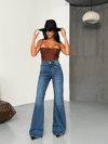 HerTon Kadın Yüksek Bel İspanyol Paça Jean Pantolon – %100 Pamuk Vintage Mavi Denim