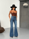 HerTon Kadın Yüksek Bel İspanyol Paça Jean Pantolon – %100 Pamuk Vintage Mavi Denim