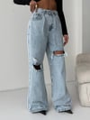 HerTon Yüksek Bel Şeritli Grunge Jean - Dizden Yırtık Detaylı Geniş Paça Denim Pantolon