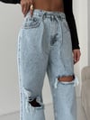 HerTon Yüksek Bel Şeritli Grunge Jean - Dizden Yırtık Detaylı Geniş Paça Denim Pantolon