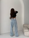 HerTon Yüksek Bel Şeritli Grunge Jean - Dizden Yırtık Detaylı Geniş Paça Denim Pantolon