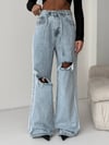 HerTon Yüksek Bel Şeritli Grunge Jean - Dizden Yırtık Detaylı Geniş Paça Denim Pantolon