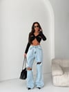 HerTon Yüksek Bel Şeritli Grunge Jean - Dizden Yırtık Detaylı Geniş Paça Denim Pantolon