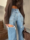 HerTon Yüksek Bel Wide Leg Yırtık Detaylı %100 Pamuk Kadın Jean Pantolon – Vintage Mavi Bol Paça Denim