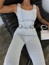Kadın Açık Mavi Denim Crop Bluz ve Yüksek Bel İspanyol Paça Jean Takım