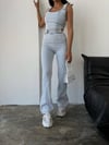 Kadın Açık Mavi Denim Crop Bluz ve Yüksek Bel İspanyol Paça Jean Takım