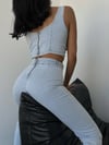 Kadın Açık Mavi Denim Crop Bluz ve Yüksek Bel İspanyol Paça Jean Takım