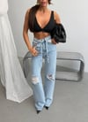 Kadın Açık Mavi Yırtık Detaylı Wide Leg Jean Pantolon