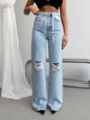 Kadın Açık Mavi Yırtık Detaylı Wide Leg Jean Pantolon