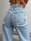Kadın Açık Mavi Yırtık Detaylı Wide Leg Jean Pantolon