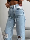 Kadın Açık Mavi Yırtık Detaylı Wide Leg Jean Pantolon