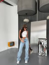 Kadın Asimetrik Bel Wide Leg Jean - %100 Pamuklu Dizden Yırtık Pantolon