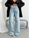 Kadın Asimetrik Çapraz Bel Detaylı Wide Leg Geniş Paça Jean Pantolon
