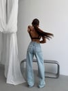 Kadın Asimetrik Çapraz Bel Detaylı Wide Leg Geniş Paça Jean Pantolon