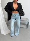 Kadın Asimetrik Çapraz Bel Detaylı Wide Leg Geniş Paça Jean Pantolon