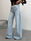 Kadın Asimetrik Çift Bel Detaylı Wide-Leg Geniş Paça Jean Pantolon