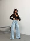 Kadın Asimetrik Çift Bel Detaylı Wide-Leg Geniş Paça Jean Pantolon