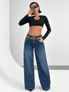 Kadın Bel Detaylı Leopar Kemerli Geniş Paça Wide Leg Jean Kot Pantolon