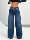 Kadın Bel Detaylı Leopar Kemerli Geniş Paça Wide Leg Jean Kot Pantolon