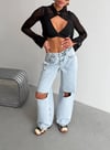 Kadın Bel Pencereli Wide Leg Jean Pantolon - Yüksek Bel Cep Detaylı Geniş Paça Denim
