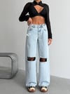 Kadın Bel Pencereli Wide Leg Jean Pantolon - Yüksek Bel Cep Detaylı Geniş Paça Denim