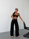 Kadın Beli ve Cepleri Güpür Şeritli Geniş Paça Kot Pantolon