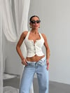 Kadın Boyundan Bağlamalı Düğmeli Korseli Denim Büstiyer Top